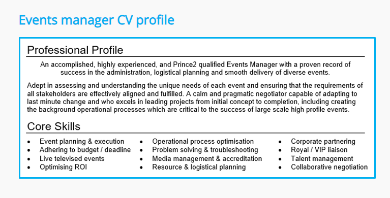 Example of an events manager personal profile to show the perfect cv layout