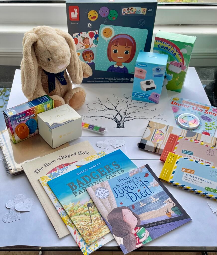 Activity box from Dragonfly Cancer Trust including books, a cuddly stuffed rabbit and an instant camera_CharityJob.com