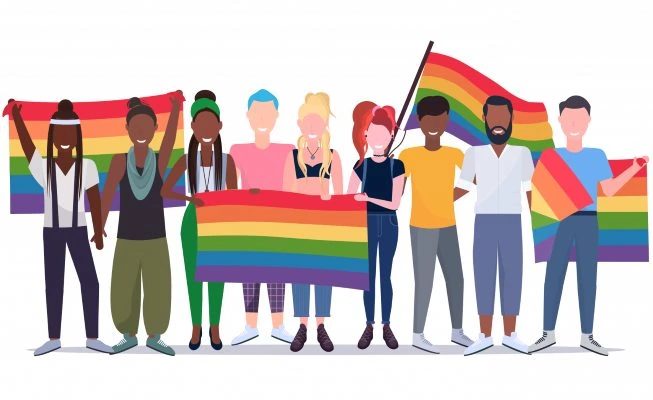 Illustration of lgbtq+ group with rainbow flags and banners from Warwickshire Pride_CharityJob.com
